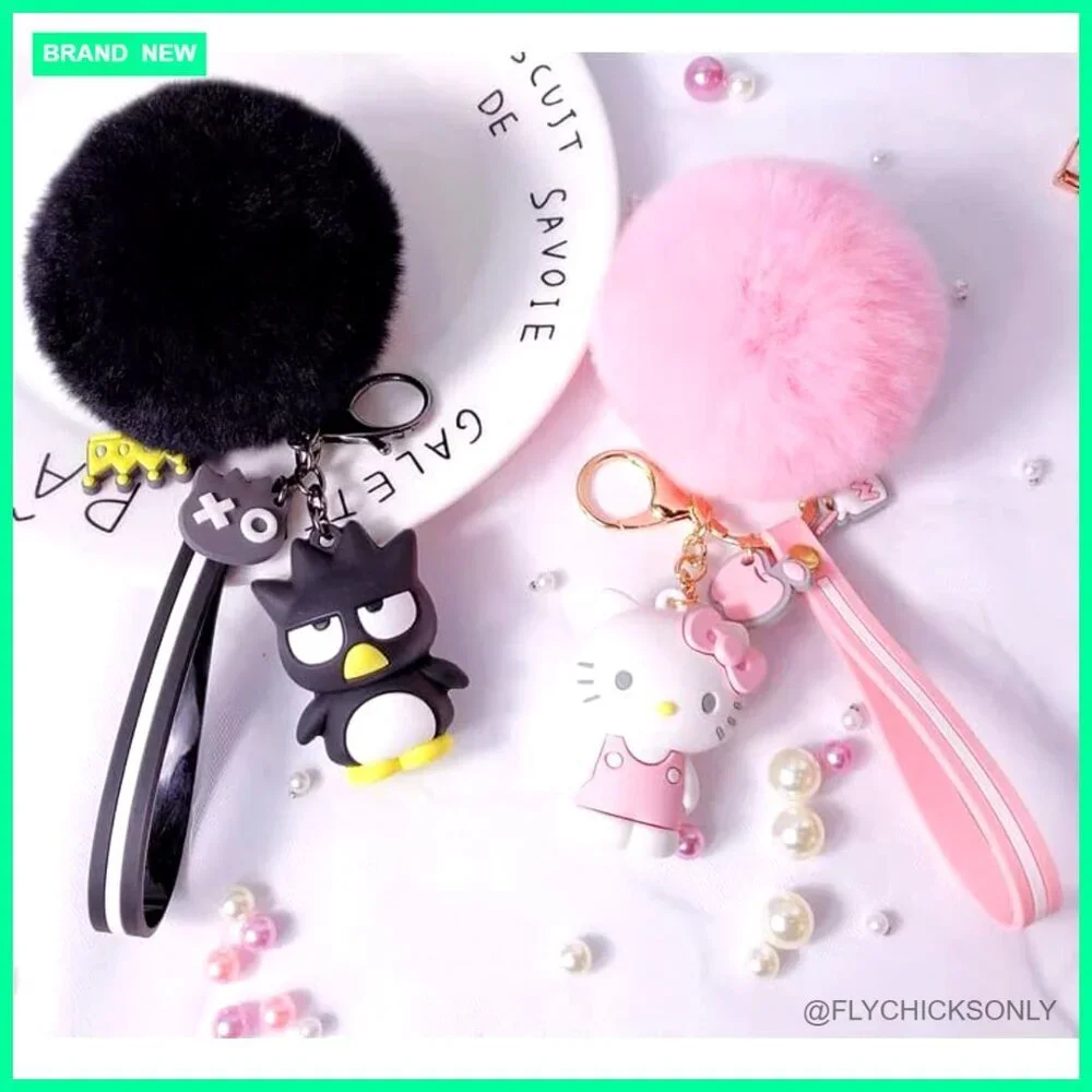 Pom Pom Keychain with PVC Pendant and Wrist Strap